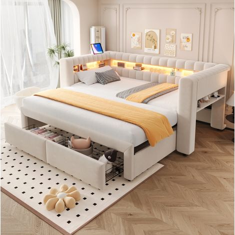 Schlafsofa (210 x 109 x 80 cm), ausziehbar zum Doppelbett, mit Stauraum, LED, USB, Samt, Beige (1/5)