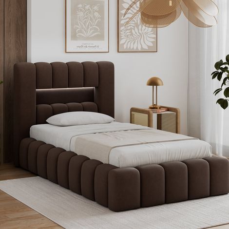 Cama con cajón de 90 x 200, con somier y luces LED incluidas, modelo Auria, color marrón oscuro (1/5)