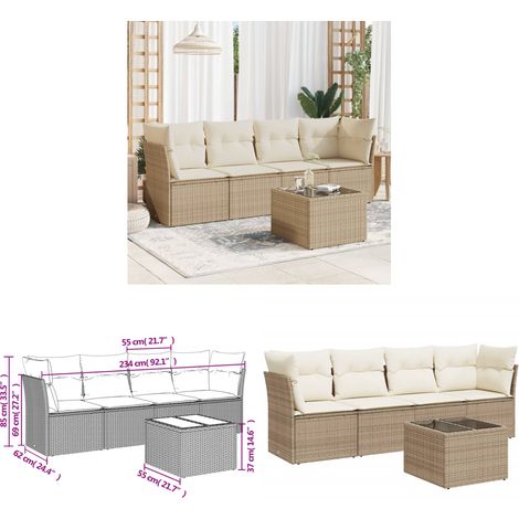 5-tlg. Garten-Sofagarnitur mit Kissen Beige Poly Rattan - Gartenmöbel - Esstischgarnituren - Outdoor Möbel - Lounge Set - Rattan Sofa - Home & Living (1/3)