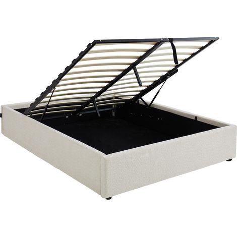 Lit coffre adulte 160x200 cm en tissu bouclé beige avec sommier - Handy (1/5)