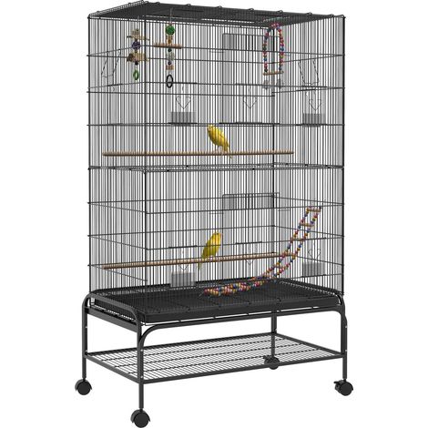 Vogelkäfig Vogelvoliere Mit Sitzstangen Vogelbauer Mit Ablage, Rollen, Herausnehmbarer Bodenwanne, Voliere Mit Türen, Schwarz