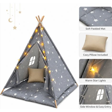Tenda Tipi GINGER HOME Little Stars per Bambini, 100% Cotone, Grigia con Stelle, Tappetino, Cuscino e Luci LED, 120×120×160 cm (1/5)