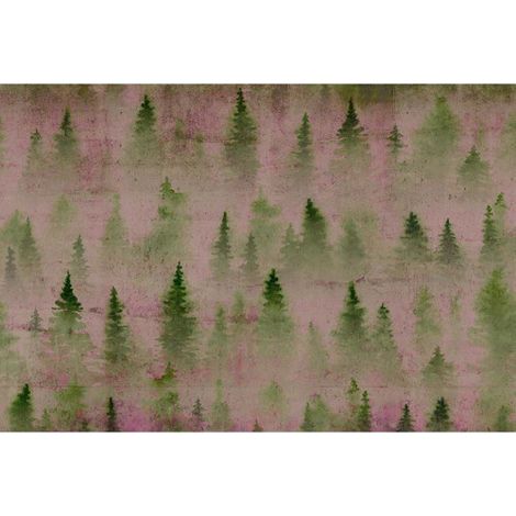 Papier peint panoramique aquarelle rose & vert motif sapin Tapisserie panoramique forêt idéale couloir Papier peint panoramique arbre pour salle à manger (1/3)