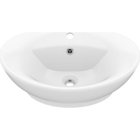 Lavabo ovale de luxe avec trop-plein, blanc mat, 58,5 x 39 cm, céramique.