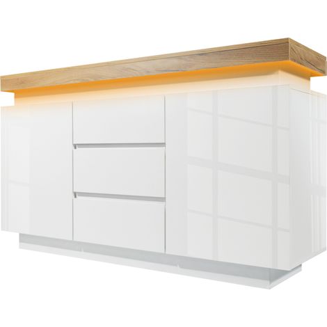 Hochglanz-Highboard weiß mit LED, 2 Türen und 3 Schubladen, 140 x 39 x 81 cm, MODENUIT (1/5)