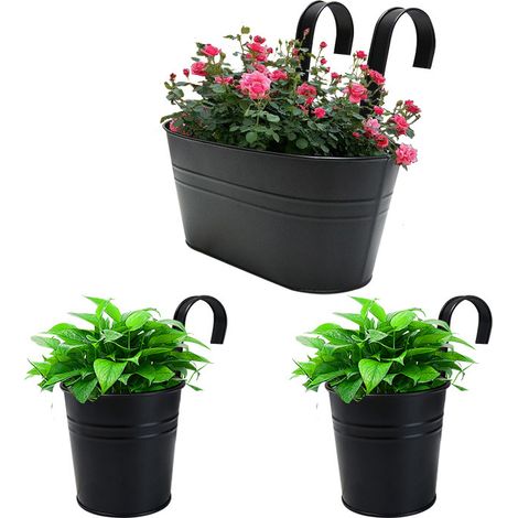 Lot de 3 jardinières suspendues pour rampes, avec drainage, crochets métal. Pour balcon, extérieur, herbes aromatiques. Noir. (1/5)