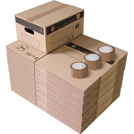 Lot de 50 cartons de déménagement 36 x 28 x 18 cm – Poignées renforcées – Supportent jusqu'à 5 kg – Adhésifs inclus – Pack And Move (1/5)