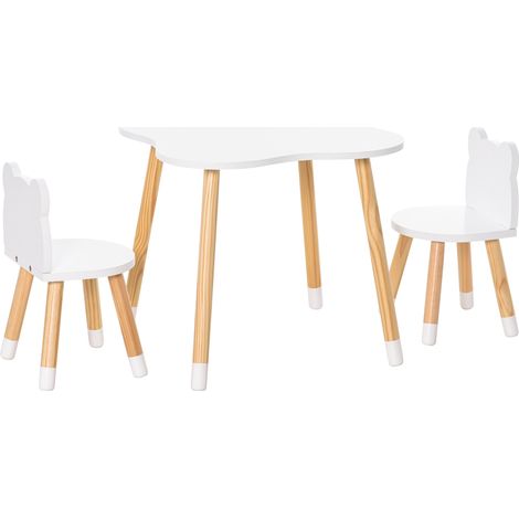 Ensemble table et chaises enfant design nordique motif ours en bois pin MDF blanc (1/5)