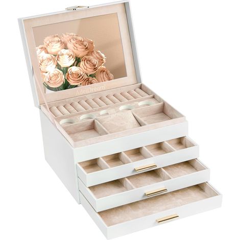 Boîte à bijoux à 4 niveaux avec fermeture Cadeau pour femme fille et amie pour anniversaire couleur crème (1/5)