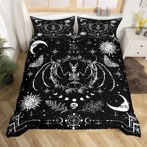 Parure de lit taille L avec housse de couette et 2 taies d'oreiller, motif chauve-souris, squelette, soleil et lune, noir et blanc, étoiles et papillons, pour chambre de fille et garçon (1/5)