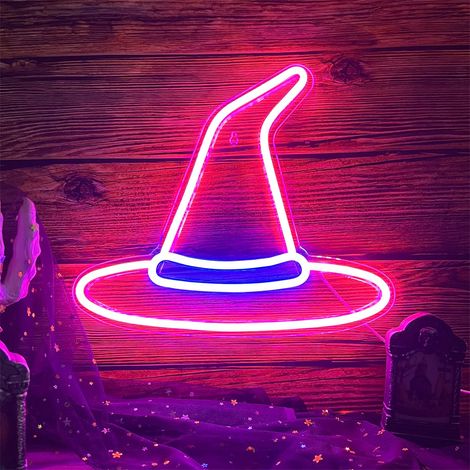 Décoration d'Halloween avec chapeau de sorcière panneau lumineux LED néon cool 23 x 20 cm Rose (1/5)