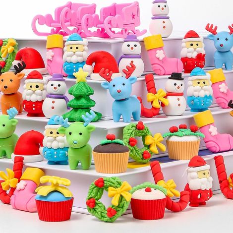 60 gomas de borrar navideñas 3D, gomas de borrar tipo rompecabezas para armar: Papá Noel, reno, muñeco de nieve, árbol de Navidad - Gomas de borrar para niños - Regalo de Navidad, recuerdos de fiesta,