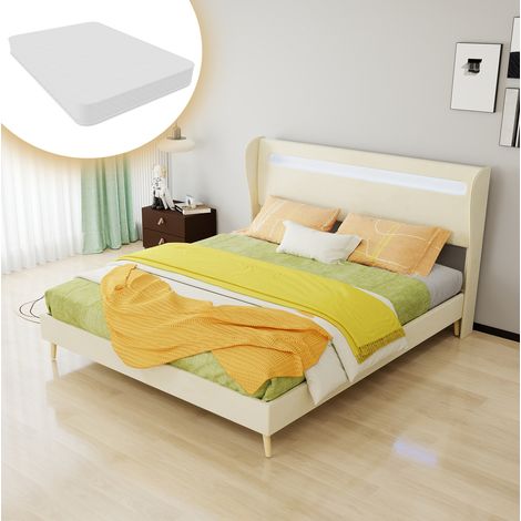 DESVIAE Lit plateforme rembourré avec tête de lit réglable et éclairage LED beige 160 x 200 cm en tissu et métal (1/5)