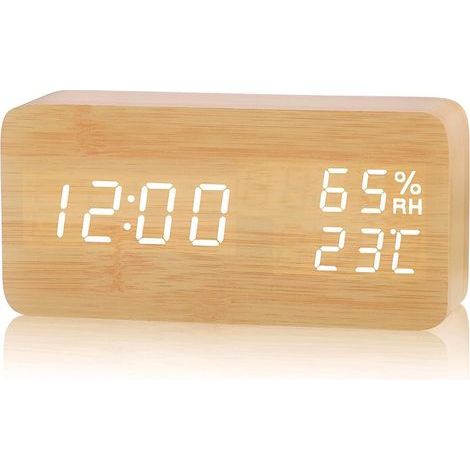 LED Réveil Électronique en Bois, Horloge Numérique avec 3 Réglages d'Alarme, Numérique Réveil Alimenté par USB Affichage de l'Heure, de la Température et de l'Humidité,12/24 Heure (1/5)