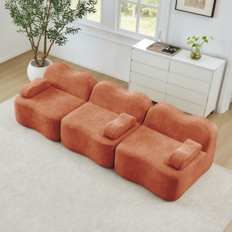 Canapé modulable 3 places sans armature orange, forme ondulée, mousse haute densité 32D, assise profonde et coussins d'accoudoirs mobiles, idéal pour salon (1/5)