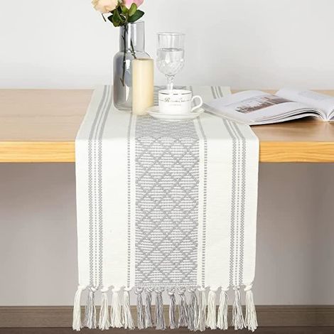 Chemin de Table Boho, chemin de Table rustique de ferme, décorations de Table Vintage marocaines en coton tissé bohème - gris (1/4)