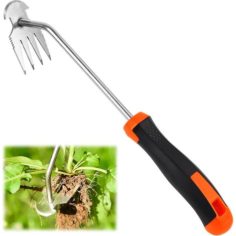 Handunkrautstecher mit 4 Zinken für den Garten – Unkrautbekämpfungswerkzeug – Gartengerät – Handunkrautstecher – mit Griff – Gummigriff