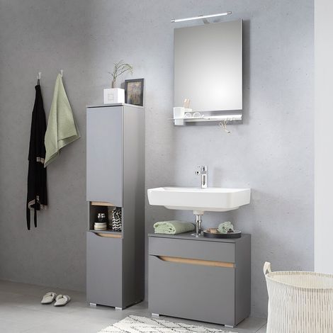 Badezimmer Set mit Spiegel und Sockelfüßen in Quarzgrau Matt Touch mit Riviera Eiche Nb. QENA-66, B/H/T ca. 105/190/33 cm (1/5)