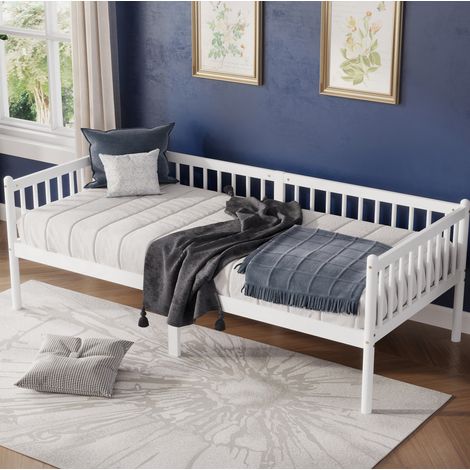 Cama nido de pino blanca 90 x 200 cm con barandillas de 3 lados y 14 lamas (1/5)
