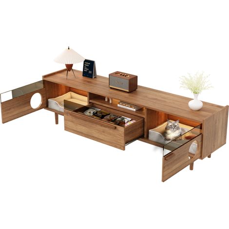 Mueble TV moderno con LED, hueco para gato, vidrio templado y 1 cajón, nogal, 180 cm (1/5)