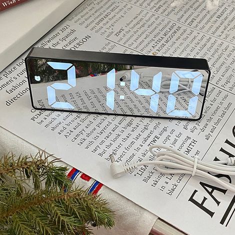 Réveil numérique LED miroir intelligent silencieux, horloge électronique de bureau pour étudiants, coque noire avec câble de charge, sans pile.