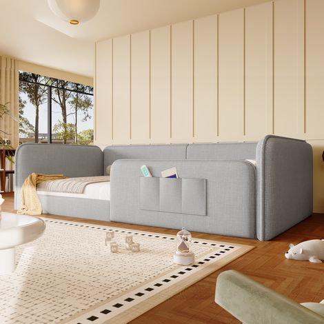 Lit plateforme 90x200 avec revêtement en lin doux, rembourrage en mousse avec cadre de sécurité tout autour, gris