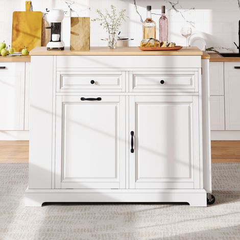Îlot de cuisine roulant extensible avec espace repas, poubelle intégrée et tiroirs, table mobile autoportante pour cuisine et salle à manger (blanc) (1/5)