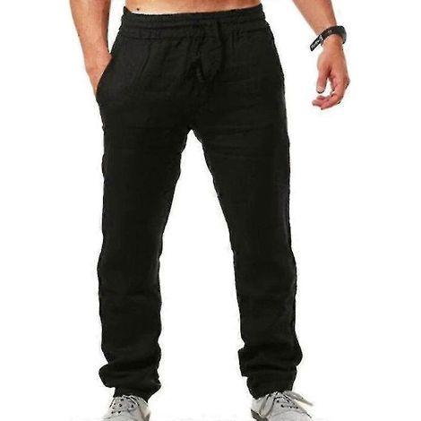 Sommerliche Herrenhose in Leinenoptik, locker geschnitten, ideal für Yoga, Urlaub und Strand-M-Black