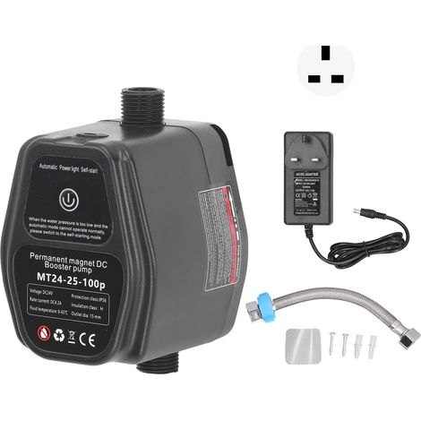 Automatische 100-W-24-V-Druckerhöhungspumpe, Permanentmagnet-Bürstenlosmotor, für die Gartenbewässerung mit Schlauch, Schwarz, UK-Stecker 100–240 V (1/5)