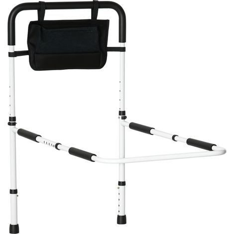 Barre d'appui lit sur pieds protection réglable 5 hauteurs pochette rangement 52 x 85-95 x 71-102 cm blanc noir (1/5)