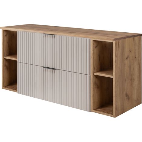 Furnidea - Meuble sous vasque FLOW CACHEMIRE 120 cm avec 2 x l'étagères - extensions et plan CHÊNE - 2 tiroirs - façades rainurées (1/5)