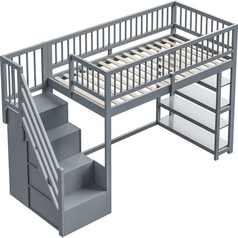 Lit mezzanine 90 x 200, design de sécurité à haute barrière avec armoire, étagères et rangement, avec échelle d'escalade de sécurité, lit multifonction en bois massif, gris (1/5)