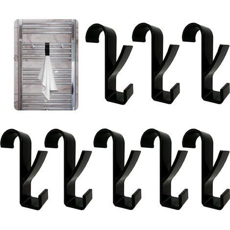 Set di 8 ganci per termosifone, in plastica ABS nera, con doppio design per portasciugamani da bagno. (1/5)