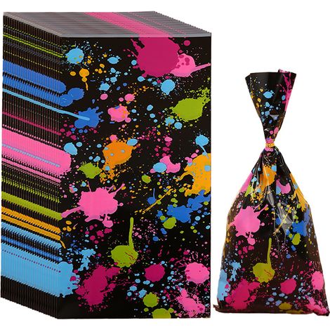 Sac Cellophane Artistique - Imprimé Éclaboussures de Peinture - 15 x 20 cm - Idéal pour Sachets Cadeaux, Bonbons et Faveurs - Lot de 100 Pièces avec Liens Twist (1/5)