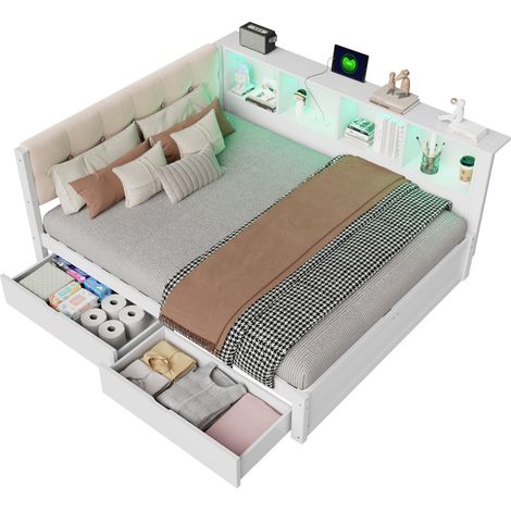 CHICFURN Lit banquette 140x200 cm sans matelas avec 2 tiroirs, rangements latéraux 4 niveaux, LED dimmable, USB, bois de pin et MDF, blanc, pour chambre compacte (1/5)