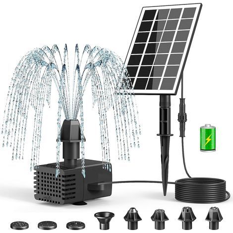 Solarbrunnen, 3,5 W, mit 2000-mAh-Akku, schwimmende Solarbrunnenpumpe für den Außenbereich (Modelljahr 2026), inklusive 8 Düsen und 5 m Kabel, für Vogeltränke, Teiche und Gartenbrunnen. (1/5)