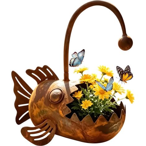 Cache-pot Poisson en Métal Rustique Poisson Décoratif Résistant à la Jardinière D'Extérieur En Métal Pour Jardin pour Balcon Terrasse Cour Jardin Massif de Fleurs Porche Succulentes Cact (1/5)