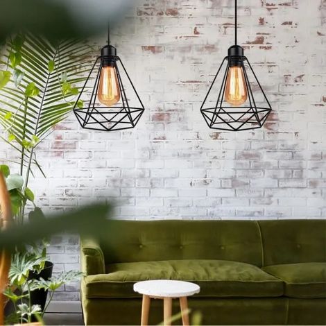 Lot de 2 Lampe Suspension en Cage Diamant Métal Lustre Luminaire Style Industrielle pour Salon Chambre (1/4)
