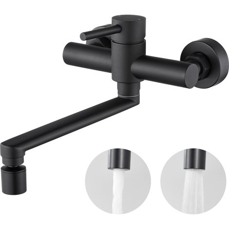 CECIPA grifo de cocina de pared grifo de fregadero de cocina negro grifo de acero inoxidable 2 tipos de chorro giratorio 360°