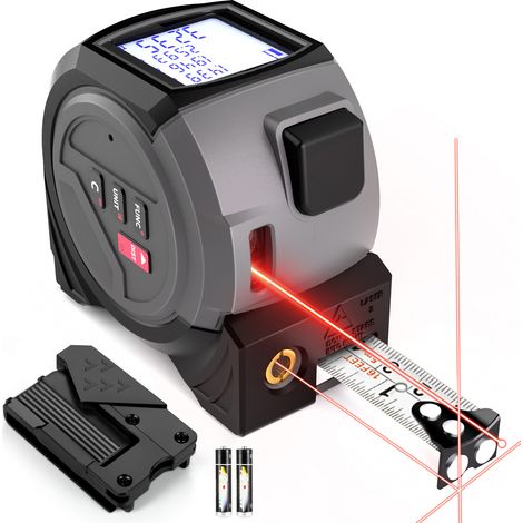 Télémètre laser intelligent multifonctionnel 3 en 1 avec projection de ligne laser en croix et 3 modes de mesure laser unités m/ft/in commutables. CJY007 Gris 5+40