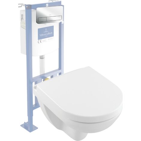 Pack inodoro suspendido compacto sin cerco VILLEROY ET BOCH O.novo + asiento + placa cromada + estructura