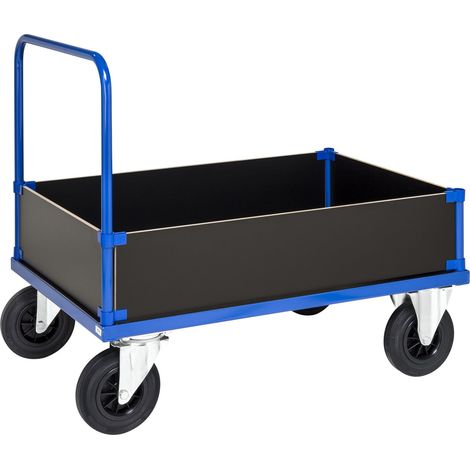 Kongamek Kastenwagen in blau 1000x700x900mm mit verzinkter Ladefläche, Schiebegriff und 4 Wänden 400mm hoch mit Gummibereifung und Bremse