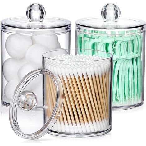 Lot de 3 distributeurs de cotons-tiges pour boules de coton, cotons-tiges, disques de coton et fil dentaire - Pots de rangement transparents de 280 ml (10 oz) pour salle de bain et coiffeuse. (1/5)