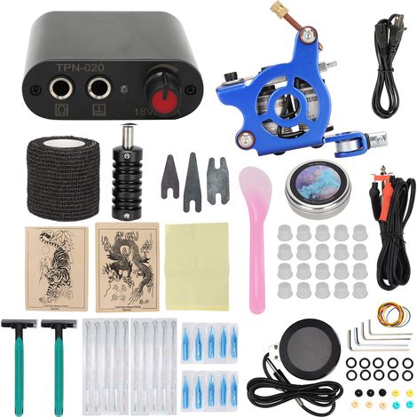 Kit machine à tatouer bobine 90-265V avec bloc d'alimentation, pédale, peau d'entraînement, encres et godets - Set complet pour débutant (prise US) (1/5)