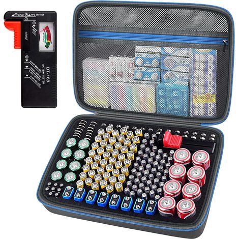 Battery Organizer Storage Holder Case Box with Tester Checker BT-168. Holds 225 Batteries AA AAA C D Cell 9V 3V Lithium (Blue) (1/5)