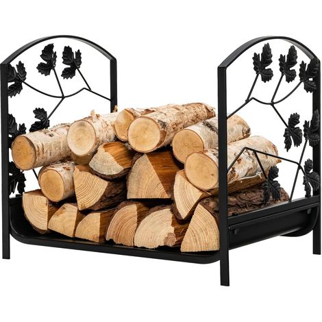 COSTWAY Porte Bûches de Cheminée en Acier Enduite de Poudre 48 x 34 x 41 cm avec Motifs de Feuilles Magnifiques Charge 50 kg Noir (1/5)