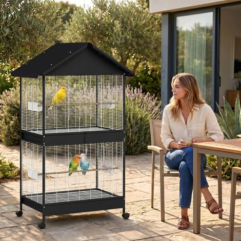Grande volière à oiseaux avec cloison amovible, 2 portes, 2 perchoirs bois, roulettes mobiles, 2 plateaux et 4 mangeoires XXL (1/5)
