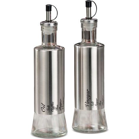 Regalo Italiano Menage in Vetro e Acciaio per Olio e Aceto 300 Ml D 7 Cm H 24,5 Cm