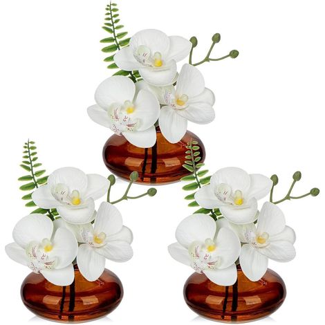 3er Set Künstliche Orchideen Dekoblumen in Glasvase Weiß - Wohnzimmer Büro Bad (1/5)