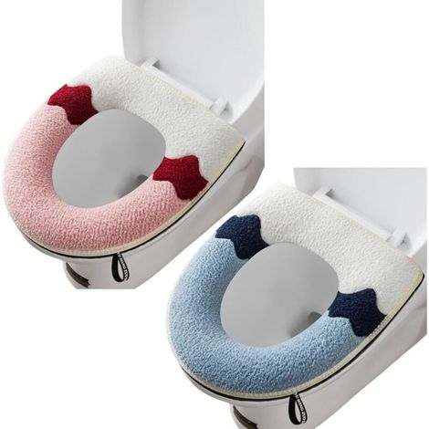 Lot de 2 housses de siège de toilette plus épaisses et douces avec poignée - Lavables - Compatibles avec tous les sièges de toilette ovales (bleu + rose) (1/5)